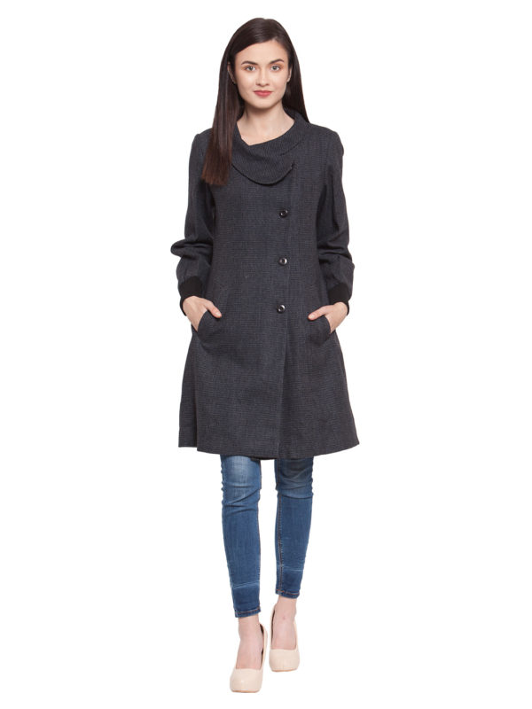 Women’s Blue Black Checkered Woolen Coat – Owncraft Online Woolen ...